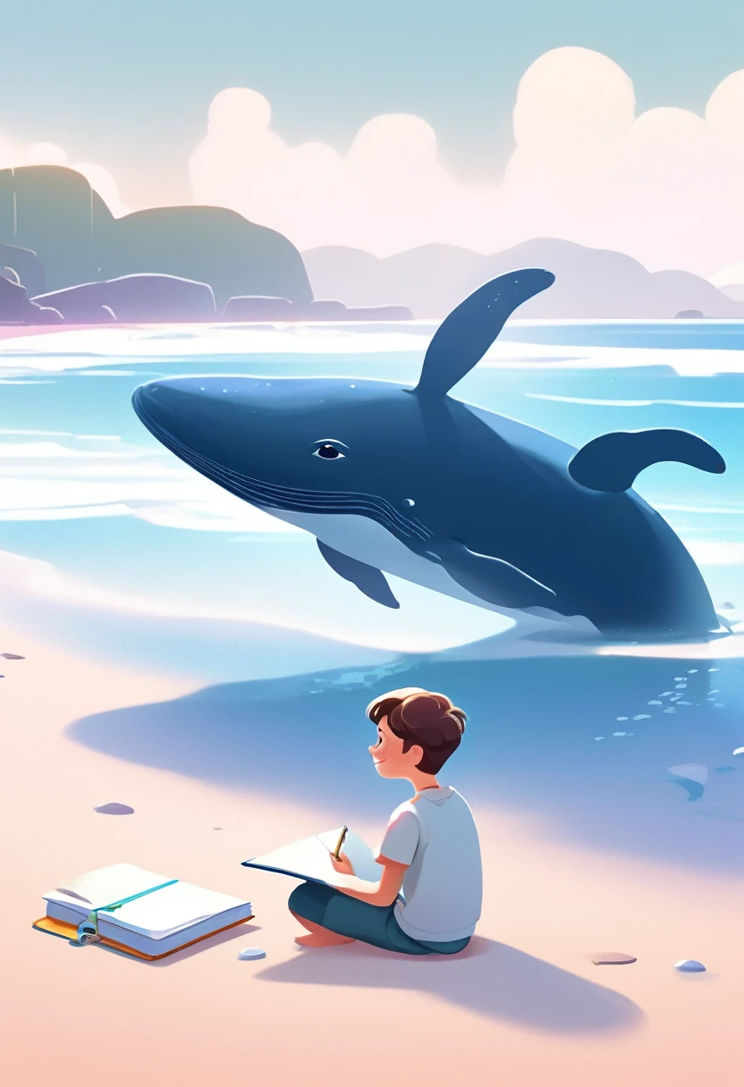 A boy sitting on the beach,Holding a notebook in hand,A cartoon of a whale next to it, 2d illustration, 2d illustration, detailed 2d illustration, Clean and concise illustrations, Website Avatar, simple cartoon style, digital 2d illustration, 2D mask illustration, 2. 5D Illustration, Animation illustration style, john egbert, 2D digital illustration, Simple illustration