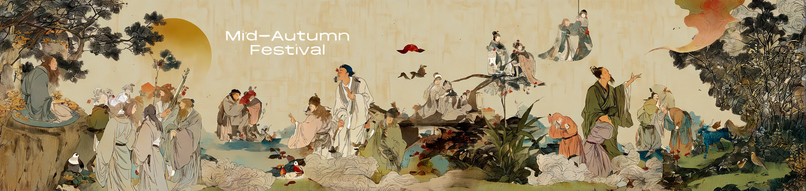 There is a painting，The painting shows a group of people standing in a garden, autumnal empress, autumn, autumnal, Chinese Surrealism, Inspired by Ma Yuan, renaissance autumnal, Inspired by Tang Yin, author：Yi Yinwen, Cover photo: Portrait of Du Juan, Nguyen Chia and Arthur Rackham, Inspired by Ji Yunfei, Chinese style, Chinese Art Style