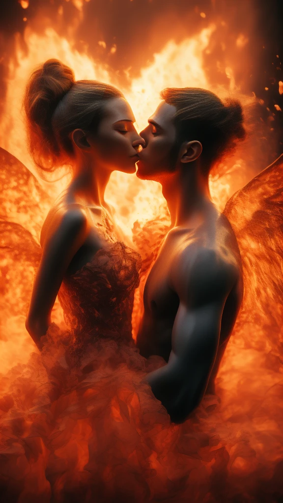 masterpiece，best quality，Extremely detailed，high resolution，1 romantic couple，flame，Dynamic Scene Scale 1.3，Romantic couple kissing in the fire，Firestorm，on fire，Bizarre fantasy image，Excellent skin texture，Magic Circle，Casting a Spell，strange，紫色strength，strength，fiery，meteor。