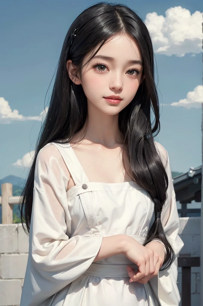 a girl, beautiful eye detail, beautiful lip detail, highly detailed eyes and face, long eyelashes, portrait, clear sky, minimalist art, simplified line work, flat illustration, Memphis style, toothless smile, Japanese manga style, clouds, reeds, line drawing, silk dress, feel the light, small head, black hair, medium breasts, beautiful composition