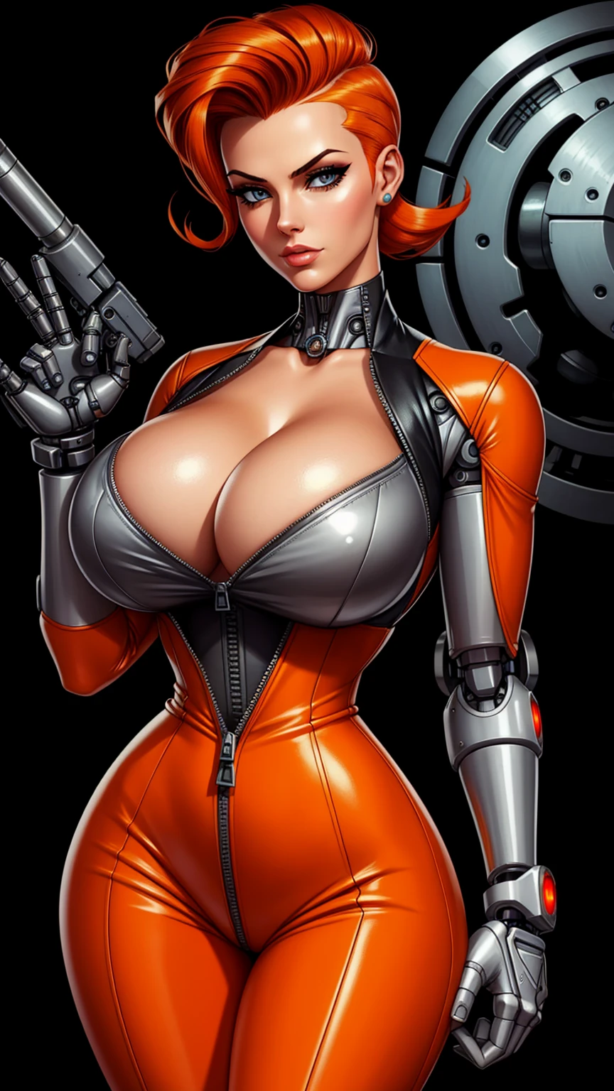 Femme Fatale, gorgeous mechanic, atompunk, blank background, retro-futurism, mechanical hand, cybernetic augments, unzipped orange jumpsuit, gunmetal grey, cleavage, half shaved head, ginger hair