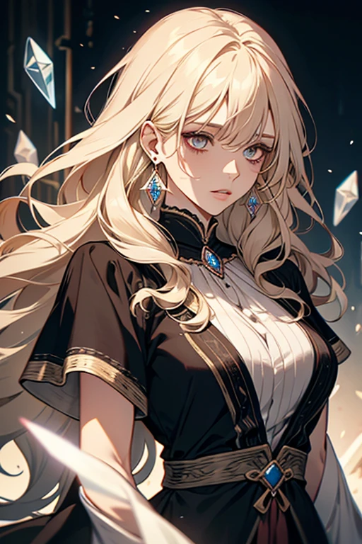 The Old Woman of the Sorcerer of Light, , Long Wavy Side Bangs Light Blonde Hair, crystal eyes, Ethnic Earrings, lo fashion