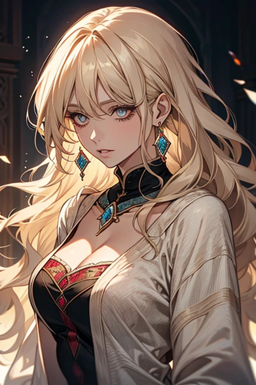 The Old Woman of the Sorcerer of Light, , Long Wavy Side Bangs Light Blonde Hair, crystal eyes, Ethnic Earrings, lo fashion