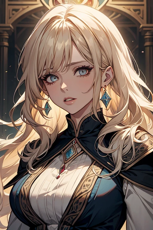 The Old Woman of the Sorcerer of Light, , Long Wavy Side Bangs Light Blonde Hair, crystal eyes, Ethnic Earrings, lo fashion