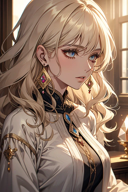 The Old Woman of the Sorcerer of Light, , Long Wavy Side Bangs Light Blonde Hair, crystal eyes, Ethnic Earrings, lo fashion