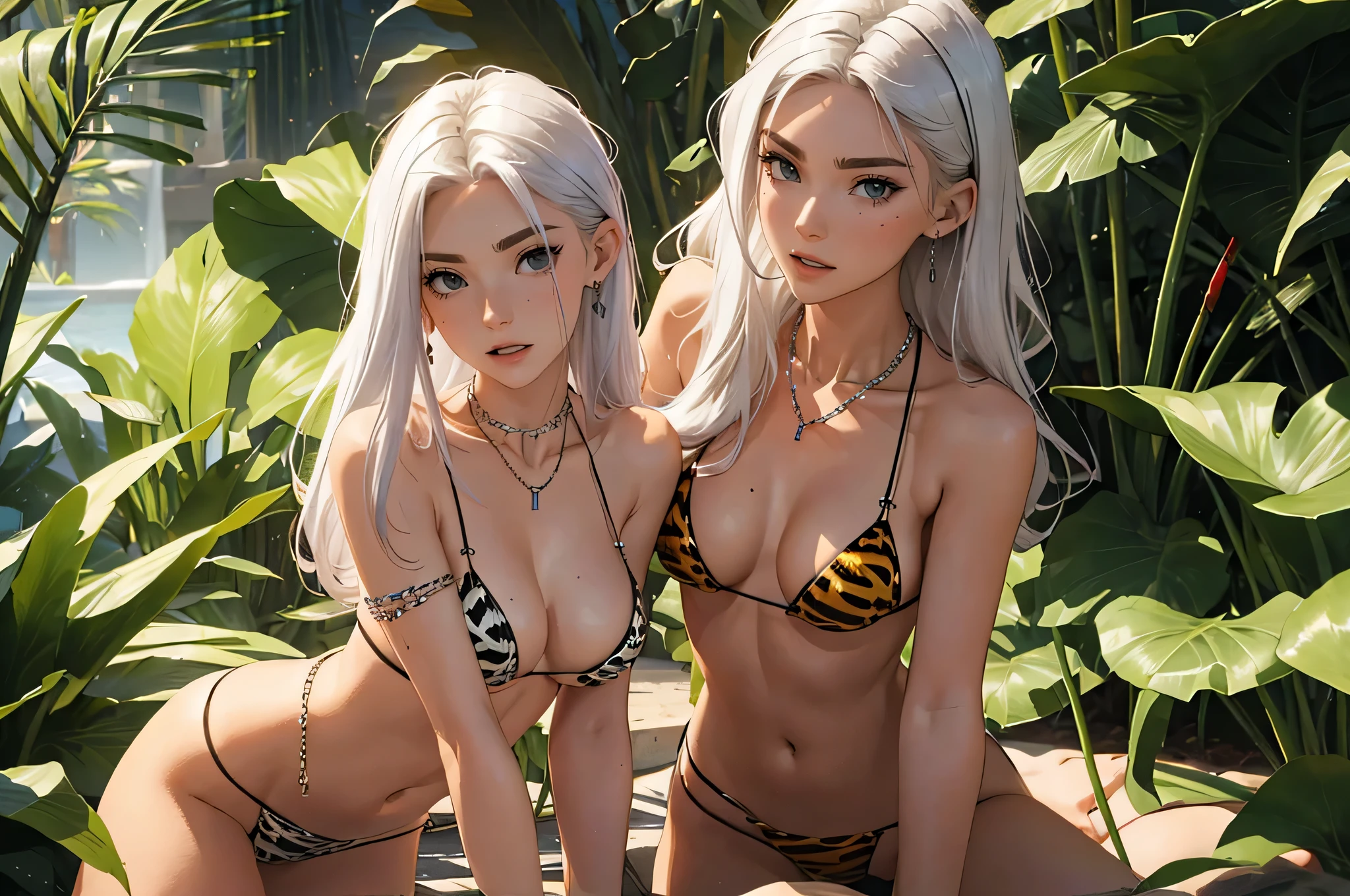 （lifelike， high - resolution：1.3）， 1 girl with a perfect body，slender body, Super fine face and eyes，assasin, dark makeup, shiny skin，white hair, (jungle bikini, animal print micro bikini)，Expose cleavage, (bracelets, tooth jewelry, a lot of necklaces, very long necklaces, necklaces down to stomach, body chains, waist chains) laying on back