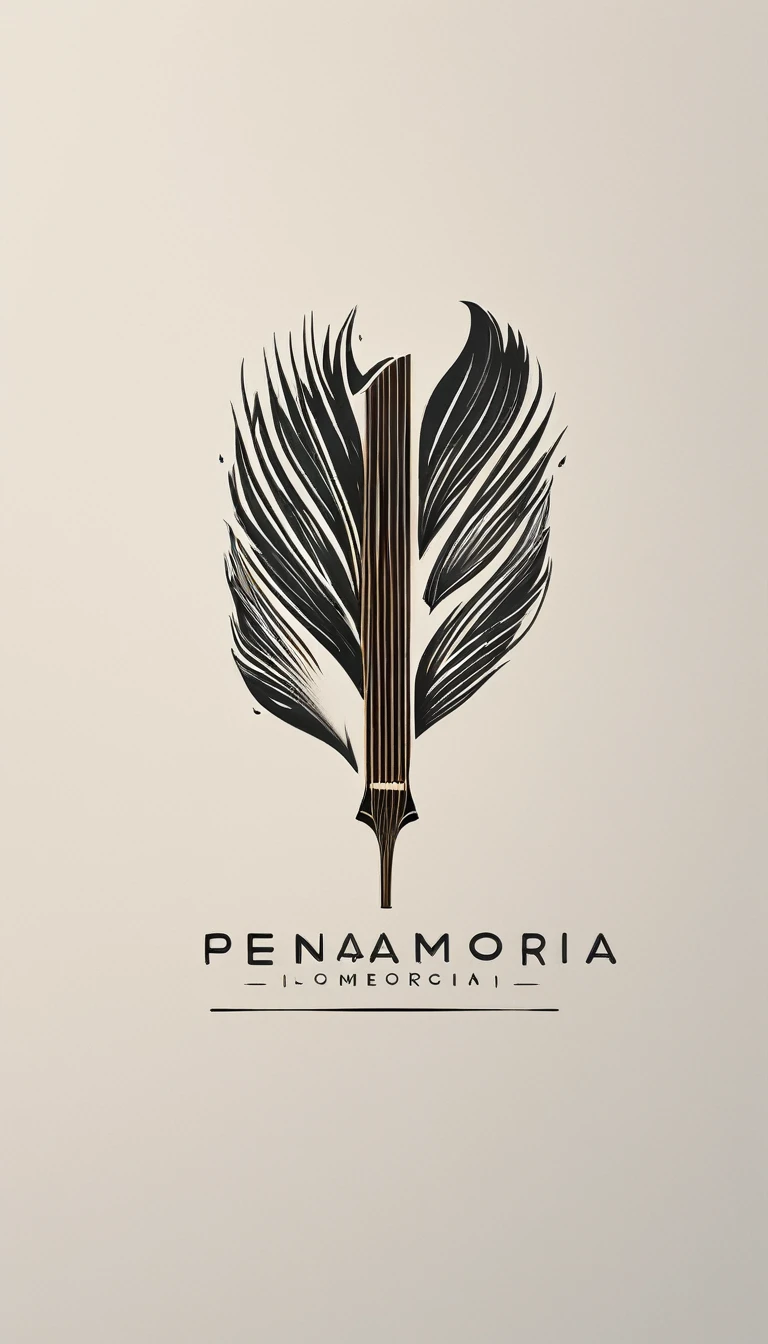 A minimal, modern, simple, cinematic logotype for the brand “Penamemoria". The logotype must be a simple, magical feather and a boy playing acoustic guitar. The logo must convey a sense of music, stories and dreams. Logo design impressed on a book cover. Minimalistic logo