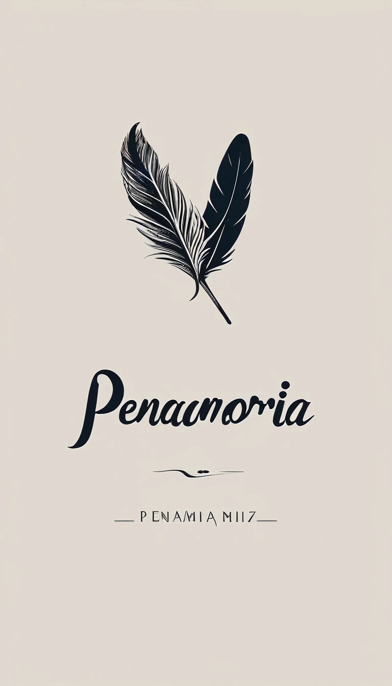 A minimal, modern, simple, cinematic logotype for the brand “Penamemoria". The logotype must be a simple, magical feather and a boy playing acoustic guitar. The logo must convey a sense of music, stories and dreams. Logo design impressed on a book cover. Minimalistic logo