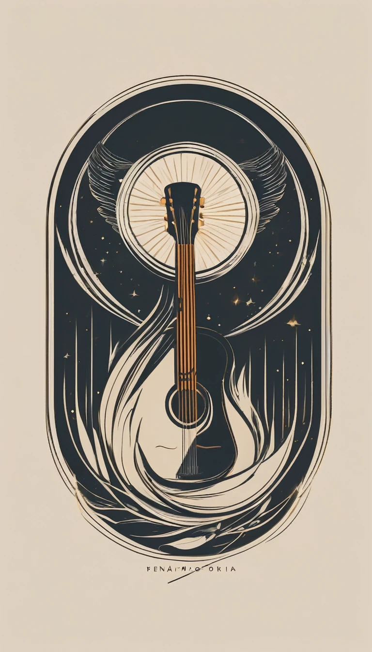 A minimal, modern, simple, cinematic logotype for the brand “Penamemoria". The logotype must be a simple, magical feather and a boy playing acoustic guitar. The logo must convey a sense of music, stories and dreams. Logo design impressed on a book cover. Minimalistic logo