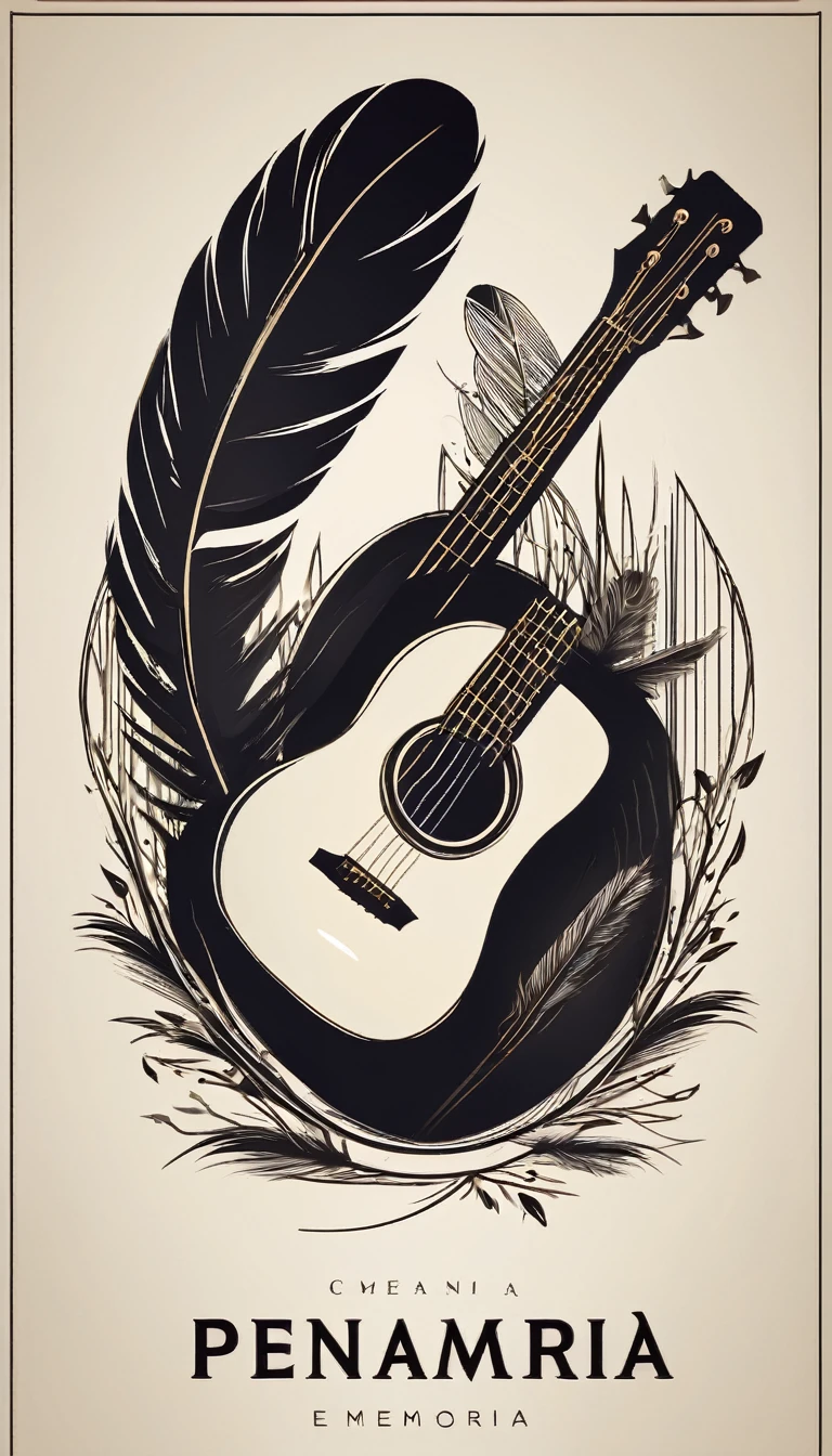 A minimal, modern, simple, cinematic logotype for the brand “Penamemoria". The logotype must be a simple, magical feather and a boy playing acoustic guitar. The logo must convey a sense of music, stories and dreams. Logo design impressed on a book cover. Minimalistic logo