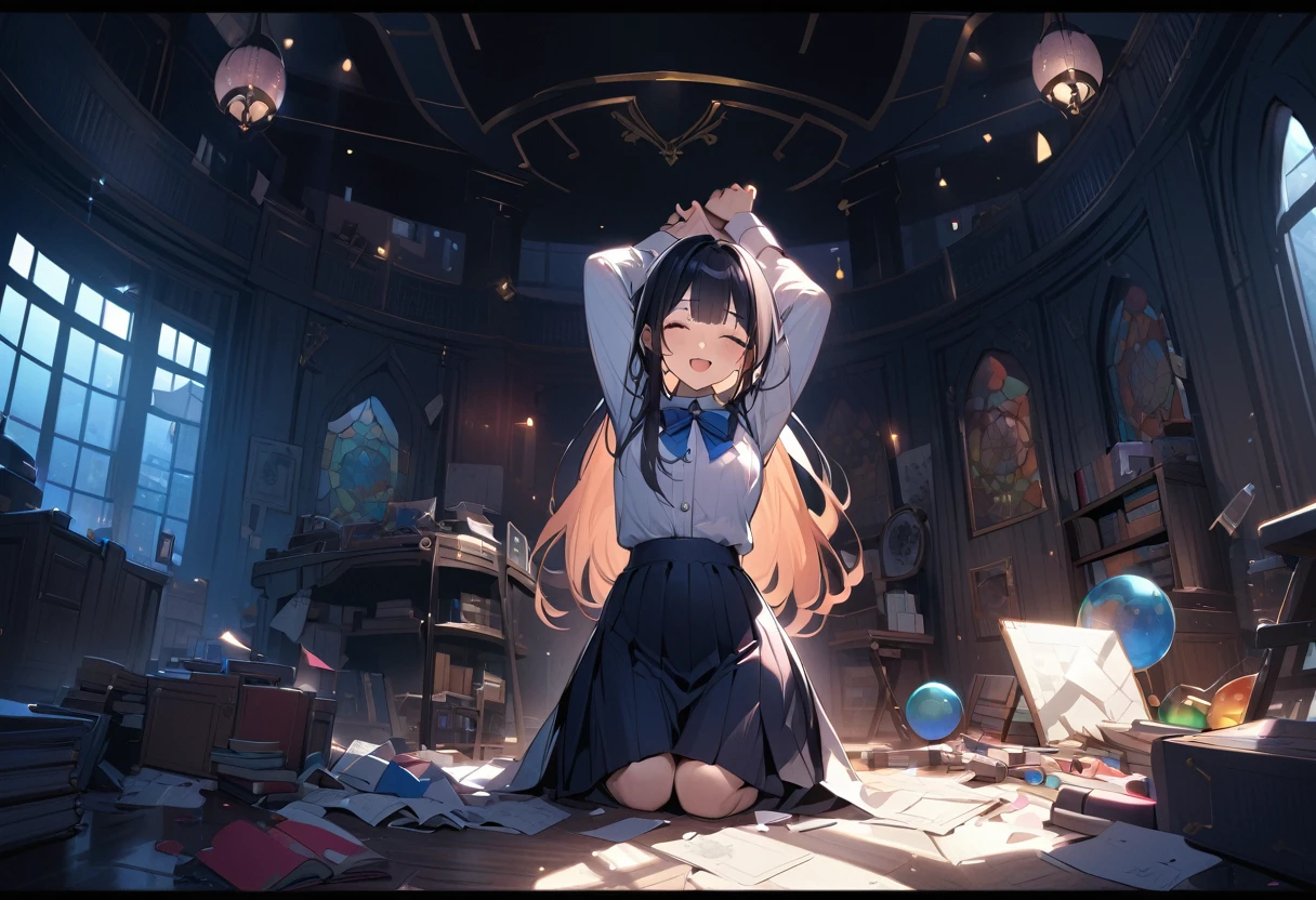 BREAK 1girl, long hair, black hair, straight hair, short bangs above brows, blue eyes, closed eyes, warm smile, open mouth, (stretching:1.2),  
BREAK (masterpiece), (high resolution 8K), cinematic lighting, professional lighting, very cute, detailed eyes and face, detailed body, 
BREAK , white shirt, blue bowtie, pleated skirt, lift skirt, 
BREAK  very wid, panorama view, sense of depth, long shot, magnificent view. messy room, gothic room, dark atmosphere, canopy, clutter, lots of colorful books, Miscellaneous goods are placed in a mess, colorful sphere, Stained glass,
