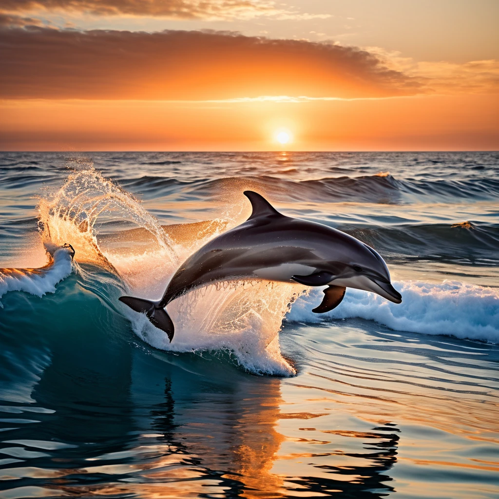 a surreal digital image of a dolphin jumping out of the water with a massive wave in the background. Use dominant colors of blue and orange to create a contrast between the calm of the sea and the warmth of the setting sun. Mettez l’accent sur le mouvement et la symétrie autour du dauphin central, avec des reflets sur l’eau et une profondeur de champ qui floute l’horizon lointain,