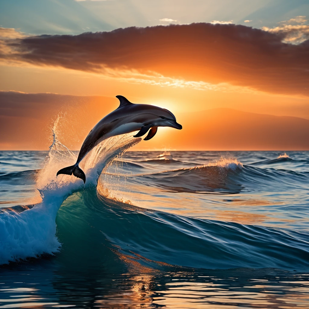 a surreal digital image of a dolphin jumping out of the water with a massive wave in the background. Use dominant colors of blue and orange to create a contrast between the calm of the sea and the warmth of the setting sun. Mettez l’accent sur le mouvement et la symétrie autour du dauphin central, avec des reflets sur l’eau et une profondeur de champ qui floute l’horizon lointain,