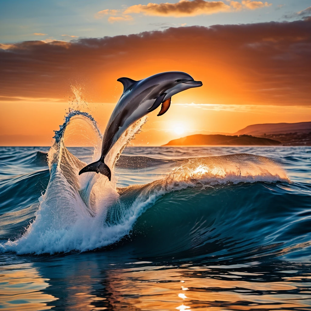 a surreal digital image of a dolphin jumping out of the water with a massive wave in the background. Use dominant colors of blue and orange to create a contrast between the calm of the sea and the warmth of the setting sun. Mettez l’accent sur le mouvement et la symétrie autour du dauphin central, avec des reflets sur l’eau et une profondeur de champ qui floute l’horizon lointain,
