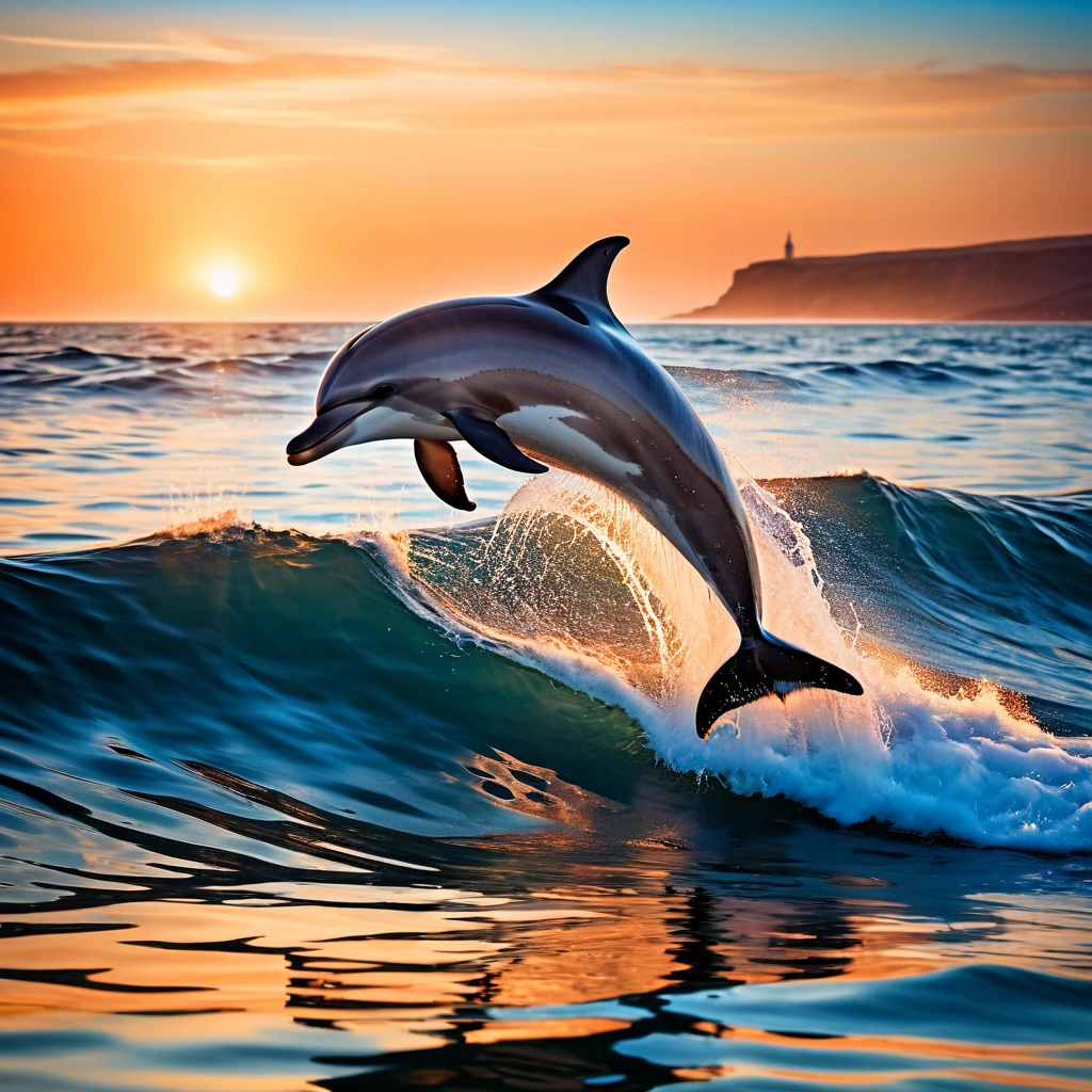 a surreal digital image of a dolphin jumping out of the water with a massive wave in the background. Use dominant colors of blue and orange to create a contrast between the calm of the sea and the warmth of the setting sun. Mettez l’accent sur le mouvement et la symétrie autour du dauphin central, avec des reflets sur l’eau et une profondeur de champ qui floute l’horizon lointain,