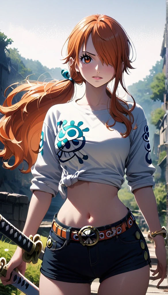 masterpiece, best quality), intricate details, 1 girl, woman, green hair, nami \ (one piece\), (long hair), shirt, white shirt, female focus, clothes, orange colour kimono, nature, scenery, upper body, ((front view)) ((close up shot)) ((solo)) ((hair over one eyes)) detailed, very high resolution, no blurry image, full body, orange eyes, sligh wavy hair, ((nami from one piece)) ((female nami from one piece)), holding katana, (((low ponytail))