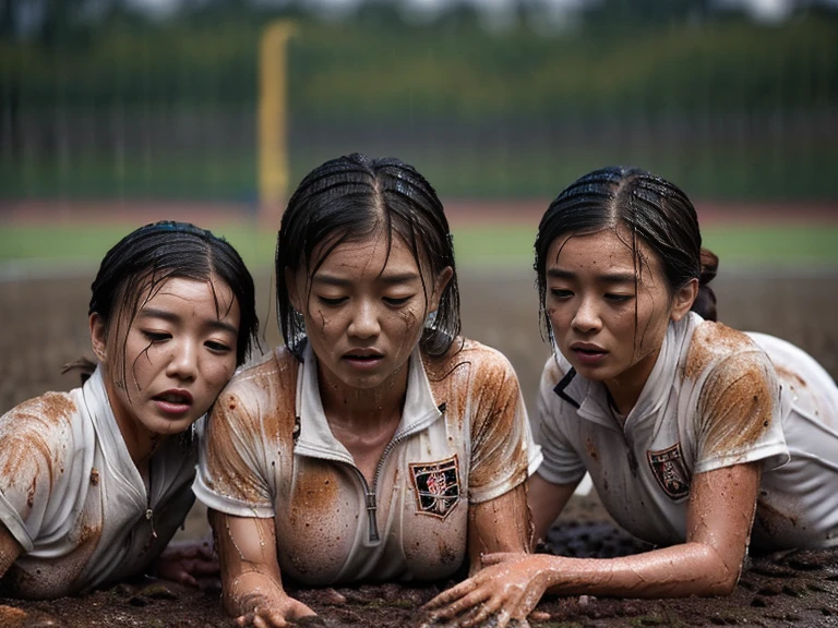(A plain white short sleeved dirt stained field hockey uniform with a very tight white half zip:1.7)、(A large, dirt-stained, white, square collar: 1.6)、(Red clay ground:1.5)、My hair is wet and messy、(Beautiful Japanese woman covered in dirt:2.0)、Highest quality, masterpiece, Ultra-high resolution, Photorealistic, Raw Photos,Detailed face,(Muscular woman:2.4), (Fastener open: 1.8), (Upper body zoom up:1.0),(Everyone wears the same clothes:1.0), All members are super beauties, (Three beautiful Japanese women crawling on the ground: 1.5), (Hair tied up: 1.4), (Exhausted expression:2.0), Bright photo, (My whole body is drenched in rain: 1.7)
