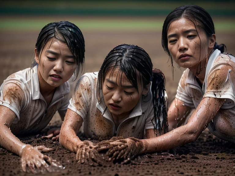 (A plain white short sleeved dirt stained field hockey uniform with a very tight white half zip:1.7)、(A large, dirt-stained, white, square collar: 1.6)、(Red clay ground:1.5)、My hair is wet and messy、(Beautiful Japanese woman covered in dirt:2.0)、Highest quality, masterpiece, Ultra-high resolution, Photorealistic, Raw Photos,Detailed face,(Muscular woman:2.4), (Fastener open: 1.8), (Upper body zoom up:1.0),(Everyone wears the same clothes:1.0), All members are super beauties, (Three beautiful Japanese women crawling on the ground: 1.5), (Hair tied up: 1.4), (Exhausted expression:2.0), Bright photo, (My whole body is drenched in rain: 1.7)