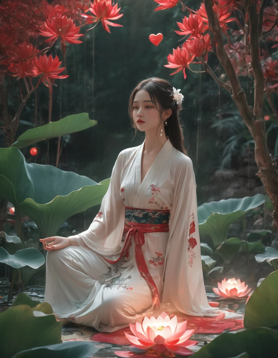 Full-body front view of a courtesan in lotus position，Praying with palms together、Anatomically correct,born, Cinematic shots, (Sharp focus:1.5), (Realistic:1.4), dusk lighting, Volumetric lighting, Ultra-high resolution, 16K,Dramatic lighting, Abstract background：1.5）（Tangleた，Datura stramonium，Holding a heart light in your hand、Tangle，Intertwined：0.7）witch，Red kimono, Foxfire spells, conversion, Depth of written boundary, A fantastic atmosphere, The most beautiful form of chaos, Elegance, Fauvist Design Dark Theme, flowers of death, flowers of ecstasy，Glowing Lines,Glow Example，Tracking example，flash， Backlight，translucent，Particles of light,hill，exit