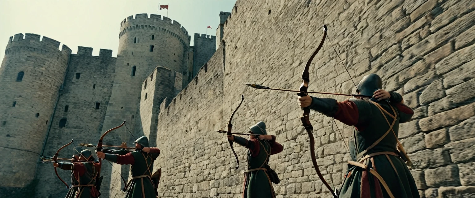 score_9, score_8_up, score_7_up, source_photo, photography, photorealistic, detailed, rating safe, pov, viewer is under the city walls, from below, very wide shot, Medieval archers on the city wall firing their bows against viewer, masterpiece, best quality, 8k,
