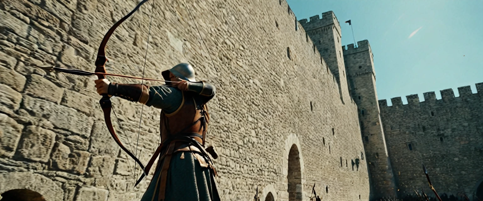 score_9, score_8_up, score_7_up, source_photo, photography, photorealistic, detailed, rating safe, pov, viewer is under the city walls, from below, very wide shot, Medieval archers on the city wall firing their bows against viewer, masterpiece, best quality, 8k,