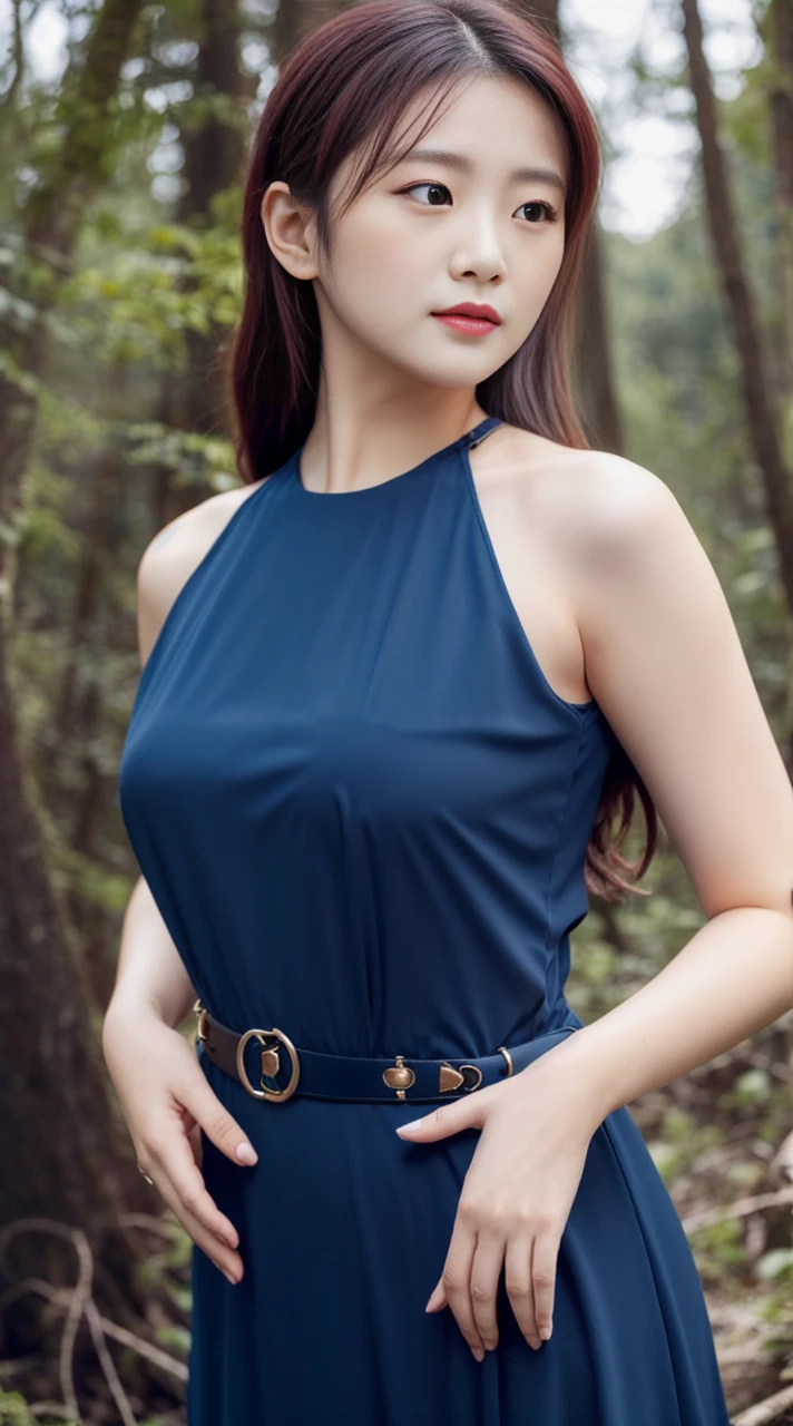 A woman lives in the forest. Dressed in the forest, she looks fat.