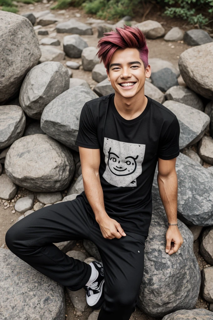 Realistic Indonesian man caricature, slightly thin body, smiling, dry shoulder length hair, wearing a baseball cap, glasses, wearing a black t-shirt, wearing torn blue jeans and red canvas shoes, sweating, resting tired, black background, realistic. UHD 8K