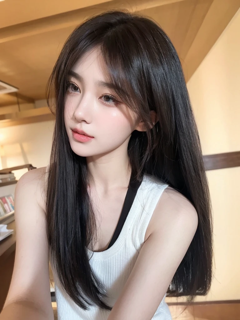 Middle-parted bangs,Black long straight,The background is simple, clean and tidy,Natural and beautiful hair