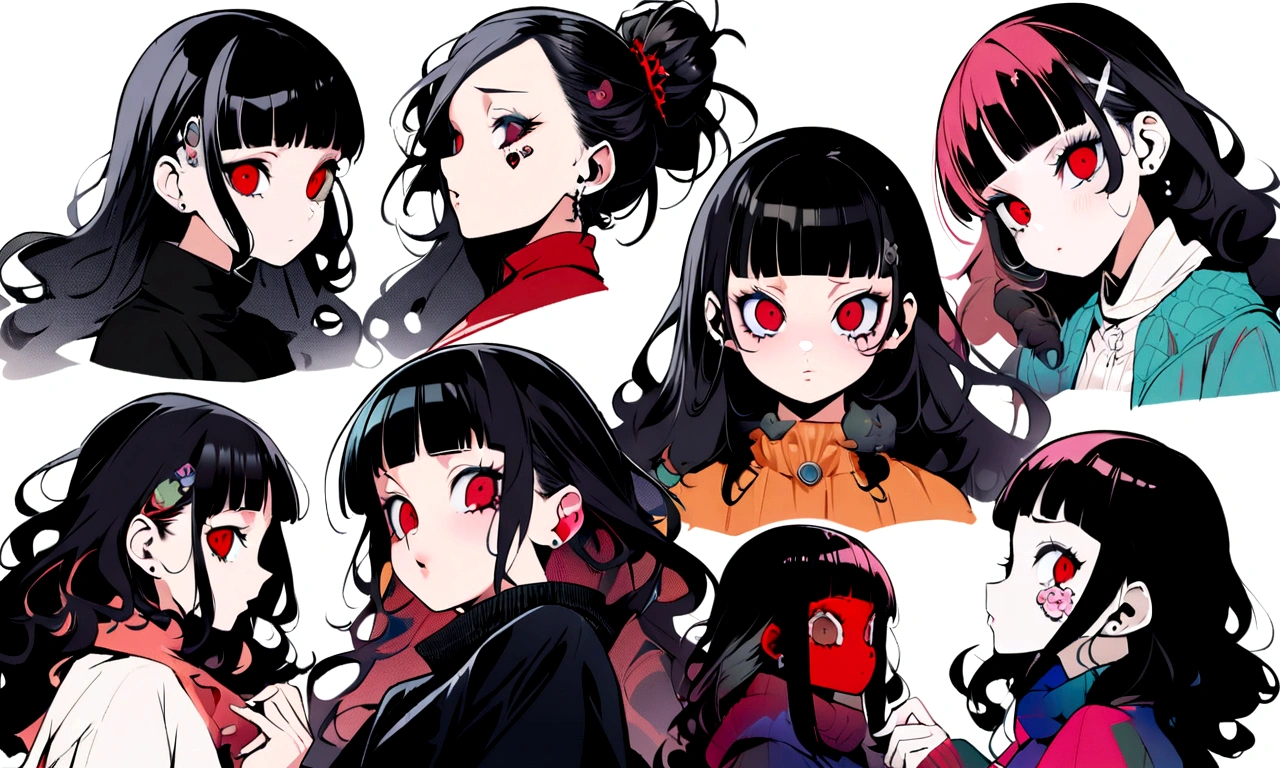 1 girl、profile、Red Eyes、Black Hair、Black Feather、Gothic Punk、turn around、tears,anime zombie witch design, wave hands、, street wear design, pro vector, Horror style, full design, 6 colors only, solid colors, no shadows, full design, sticker, bright colors, white background.super fine illustration,(((beautiful fine hair))),(((beautiful fine face))),(((beautiful fine background))),(((beautiful fine hair))),(((beautiful fine face))),(((beautiful fine background)))、Black Hair、blunt bangs