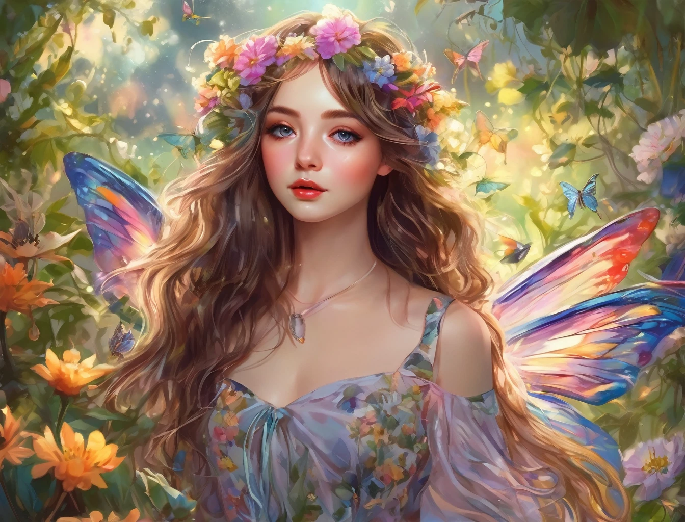 (A girl in a garden),illustrated,subdued colors,beautiful detailed eyes,beautiful detailed lips,long hair,fairy wings naughty,floral flowers colorful,butterflys,ethereal glow,medium dress,lovely expression,posing gracefully,bright sunlight