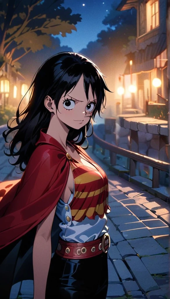 masterpiece, best quality), intricate details, 1 girl, woman, black hair, luffy, ((monkey d luffy)) \ (one piece\), scar on face, (long hair), shirt, white shirt, female focus, clothes, collared shirt, pants, cape, black coat, shirt, scar, sandals, black coat on shoulders, nature, scenery, upper body, straw hat, ((front view)) ((close up shot)) ((solo)) (black eyes) ((female monkey d luffy)) luffy from one piece, detailed eyes, night, ((high resolution)) (upper body)