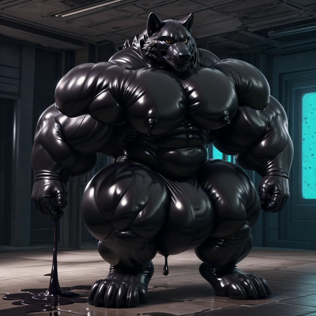 solo, male, , , , (hyper pecs:1.2), (long thick thighs:1.5), standing, indoor,,(,,(,solo,very hyper muscles:1.3)((, Huge bulge:1.3)))(corruption)), black glowing liquid,(((liquid_latex, , rubber:1.2),,black latex,goo transformation,(gooey)()(l),unreal engine,perfect light,detailed, photorealistic, 4k, hd, , , , good anatomy, , (), ,, high quality, best quality, concept art, photorealistic, wolf