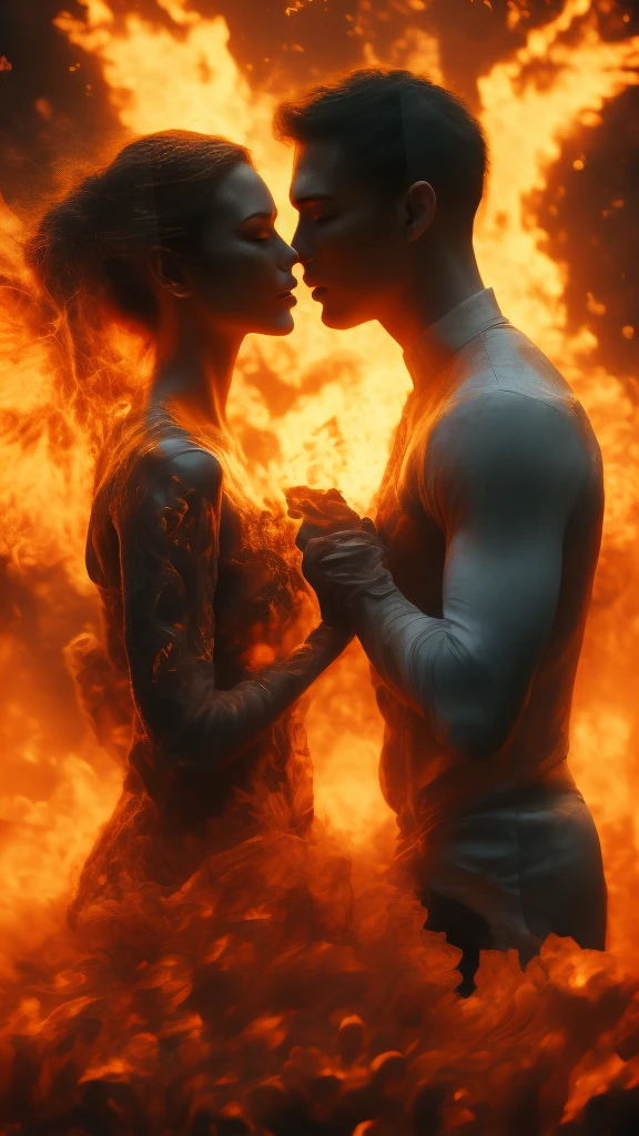 masterpiece，best quality，Extremely detailed，high resolution，1 romantic couple，flame，Dynamic Scene Scale 1.3，Romantic couple kissing in the fire，Firestorm，on fire，Bizarre fantasy image，Excellent skin texture，Magic Circle，Casting a Spell，strange，紫色strength，strength，fiery，meteor。