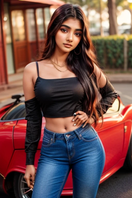 beautiful cute young attractive indian teenage girl, 18 years old, cute, Instagram model, long black_hair, colorful hair, warm, photo shoot with cars and wear the dress jeans top, indian