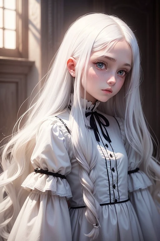 European girl. She is a ghost. With long white hair. She wear a white dress. She is very mysterious.