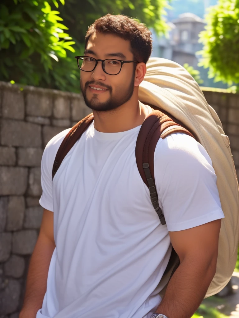 crew cut, (((full body))), mature man, [slightly fat], asian man, brown eyes, rounded face, glasses, slightly balding, (big shoulders), (((stubbles, Short beard))), (((full beard))), (Beautiful eyes:1.3), (Detailed face:1.3), white shirt with a backpack, photoshoot with a stone wall and dragon statue,