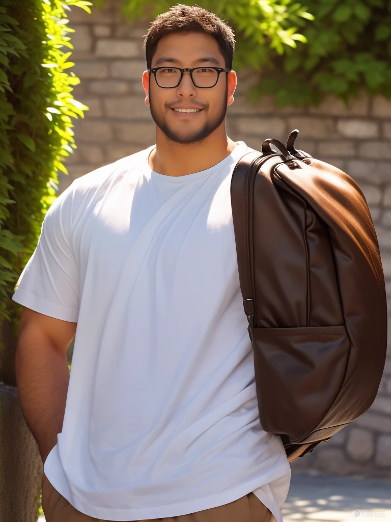 crew cut, (((full body))), mature man, [slightly fat], asian man, brown eyes, rounded face, glasses, slightly balding, (big shoulders), (((stubbles, Short beard))), (((full beard))), (Beautiful eyes:1.3), (Detailed face:1.3), white shirt with a backpack, photoshoot with a stone wall and dragon statue,