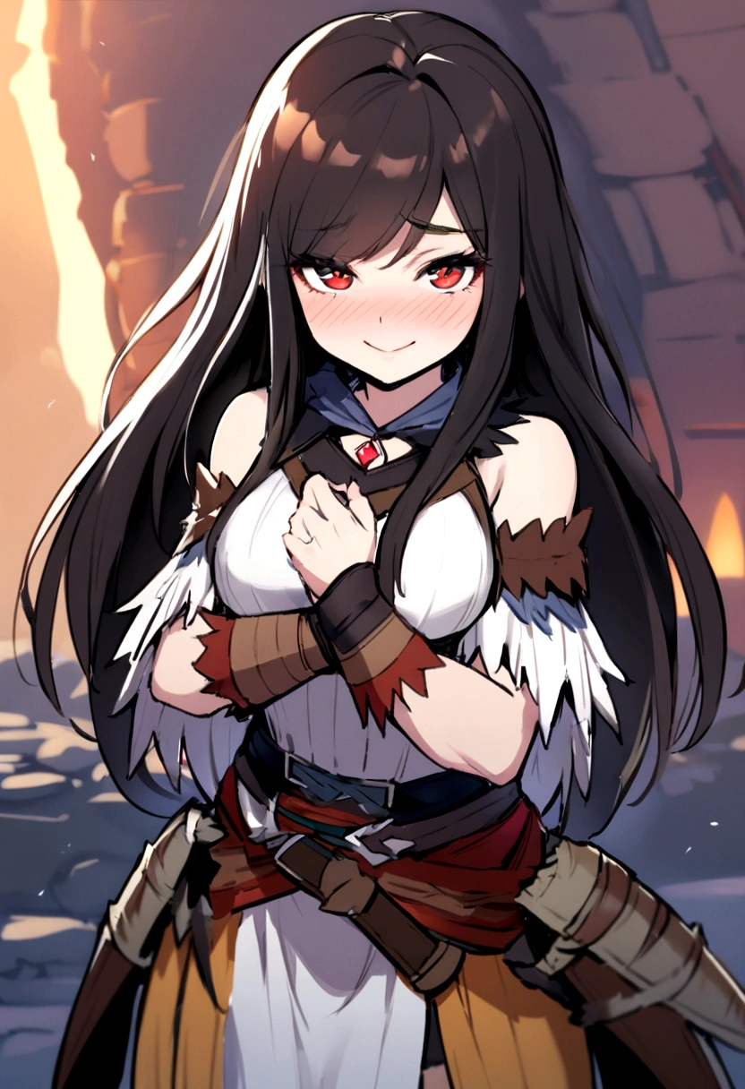 ((monsterhunter)), looking the viewer, solo, girl, shy, red cheek, bashful, embarrassed, smiling, perfect face, muscular,  long hair, beautiful eye, warrior, cowboy shot
