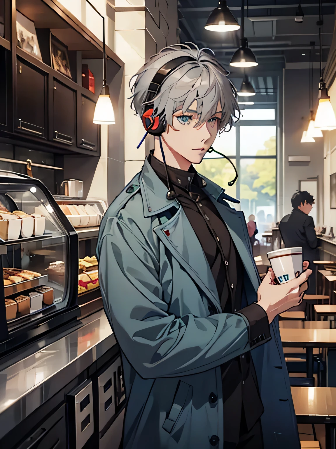 Male, solo, blue coat, green eyes, (peridot eyes), straight facial, short Length hair , gray hair with red streaks, earphone, headphone, café, cafeteria
