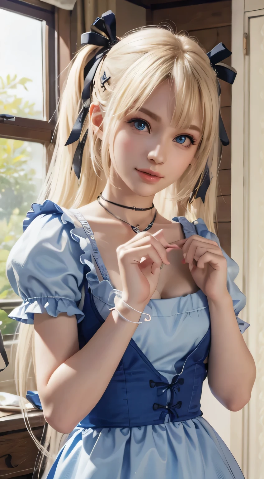 a baby face、A slender、huge tit、top-quality、超A high resolution、a picture、a photo of a cute girl、Detailed cute and beautiful face、(pureerosface_v1:0.008)、Beautiful bangs、alice in the wonderland、14years、White shiny skin、bangss、Platinum Blonde Super Long Straight Silky Hainer hair、Attractive beautiful crystal clear big blue eyes、White Apron、a blue dress、without makeup