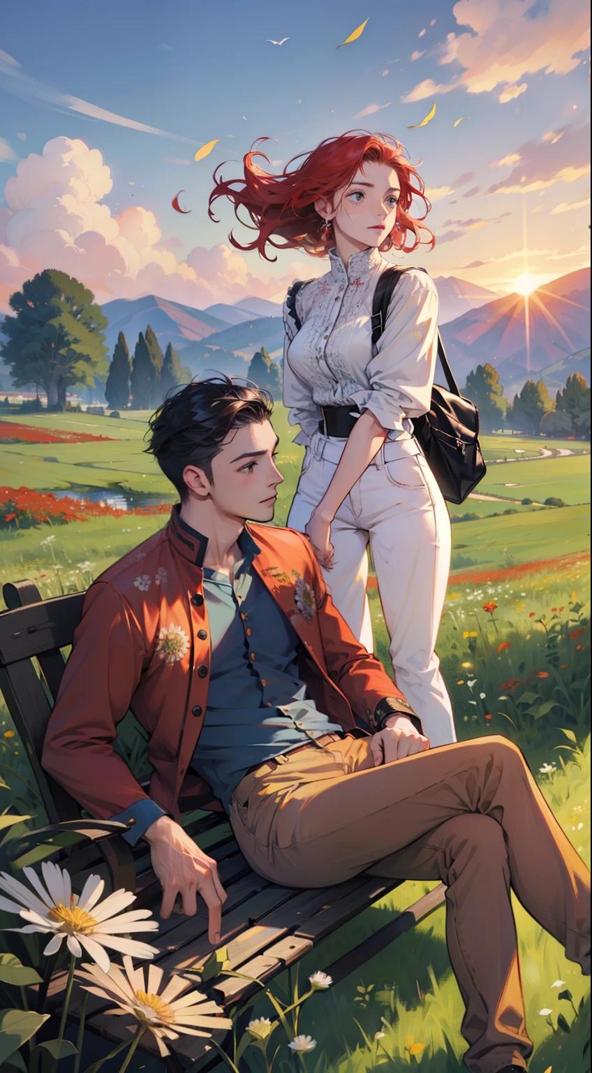 Anime couple sitting on a bench in a field of flowers - SeaArt AI