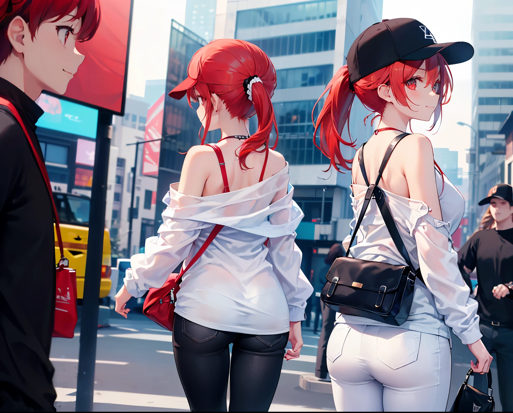 (Close-up:1.3),Realistic,Highest quality, Ultra Detail, High-quality CG rendering, The most delicate and beautiful, Floating softly, High resolution, (1 girl), (Highest quality,4K,8K,masterpiece:1.2),(All red hair:1.5), (ponytail:1.5),(Red eyes:1.5), (White oversized long sleeve T-shirt:1.3),(Black skinny pants:1.3),(Black baseball cap:1.3),In the city,old buildings,(Turn your back to your audience:1.3),Butt,Are standing,(Small shoulder bag:1.3),smile