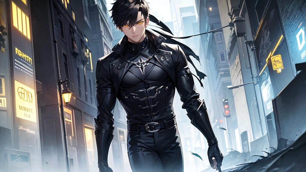 masterpiece, best quality, illustration, urban fantasy, black theme, night, alley, 1boy, mature, very short hair, glowing yellow eyes, black suit