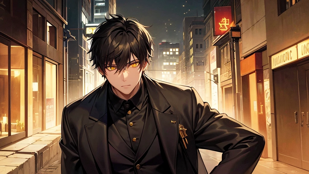 masterpiece, best quality, illustration, urban fantasy, black theme, night, alley, 1boy, mature, very short hair, glowing yellow eyes, black suit