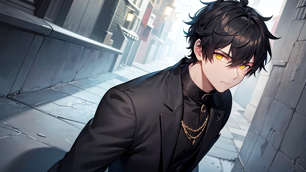 masterpiece, best quality, illustration, urban fantasy, black theme, night, alley, 1boy, mature, very short hair, glowing yellow eyes, black suit