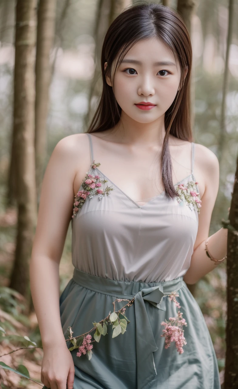 A woman lives in the forest. Dressed in the forest, she looks fat.