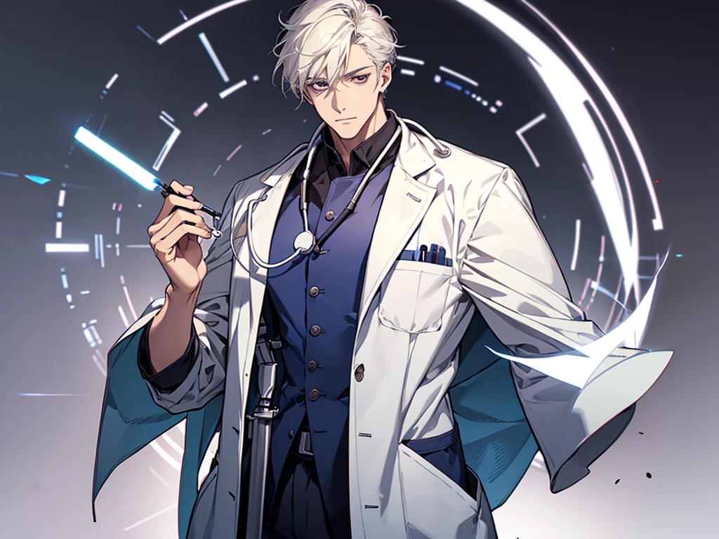 1 man, wearing white doctor outfit with stethoscope on his neck, standing, face to detail, detailed eyes, perfect hands, full-body illustration, the background is in hospital