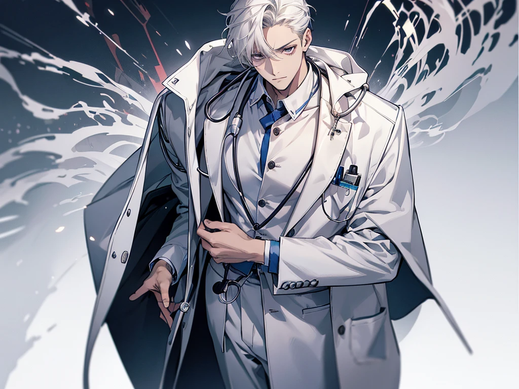 1 man, wearing white doctor outfit with stethoscope on his neck, standing, face to detail, detailed eyes, perfect hands, full-body illustration, the background is in hospital