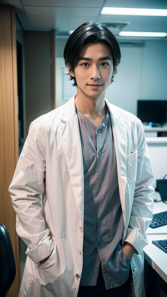 (((male))), 29-year-old,dentist, Japanese, High resolution, Realistic image, Upper body composition, Illuminate the face, short and straight black hair, Sharp eyebrows, Narrow eyes that hint at cunning, Pointy Nose, Thin-lipped smile,Wearing a lab coat, Not muscular but healthy, The background is a modern office setting, Facial imperfections such as a slight scar above the right eyebrow