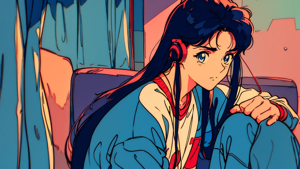 An emotional boy wearing headphones、The style is good、Long hair and jeans、Retro anime images、Highest quality、4k